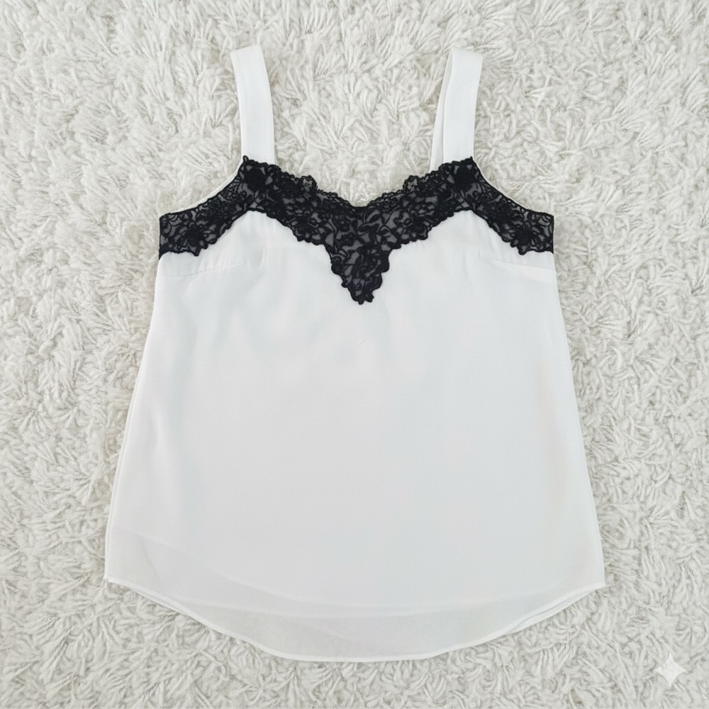 White House Black Market Black White Lace V-Neck Flowy Tank Top Camisole Size XS